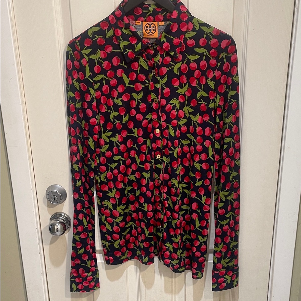 Tory Burch Women’s 100% Silk Button Down Cherry Blouse Top Long Sleeve Size M